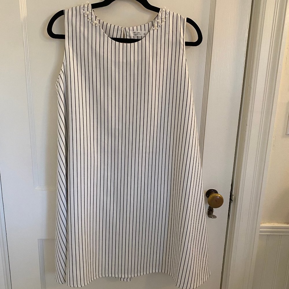 Pinstripe White Sleeveless Cocktail Dress with Neckline Detail, EUC, Size 10